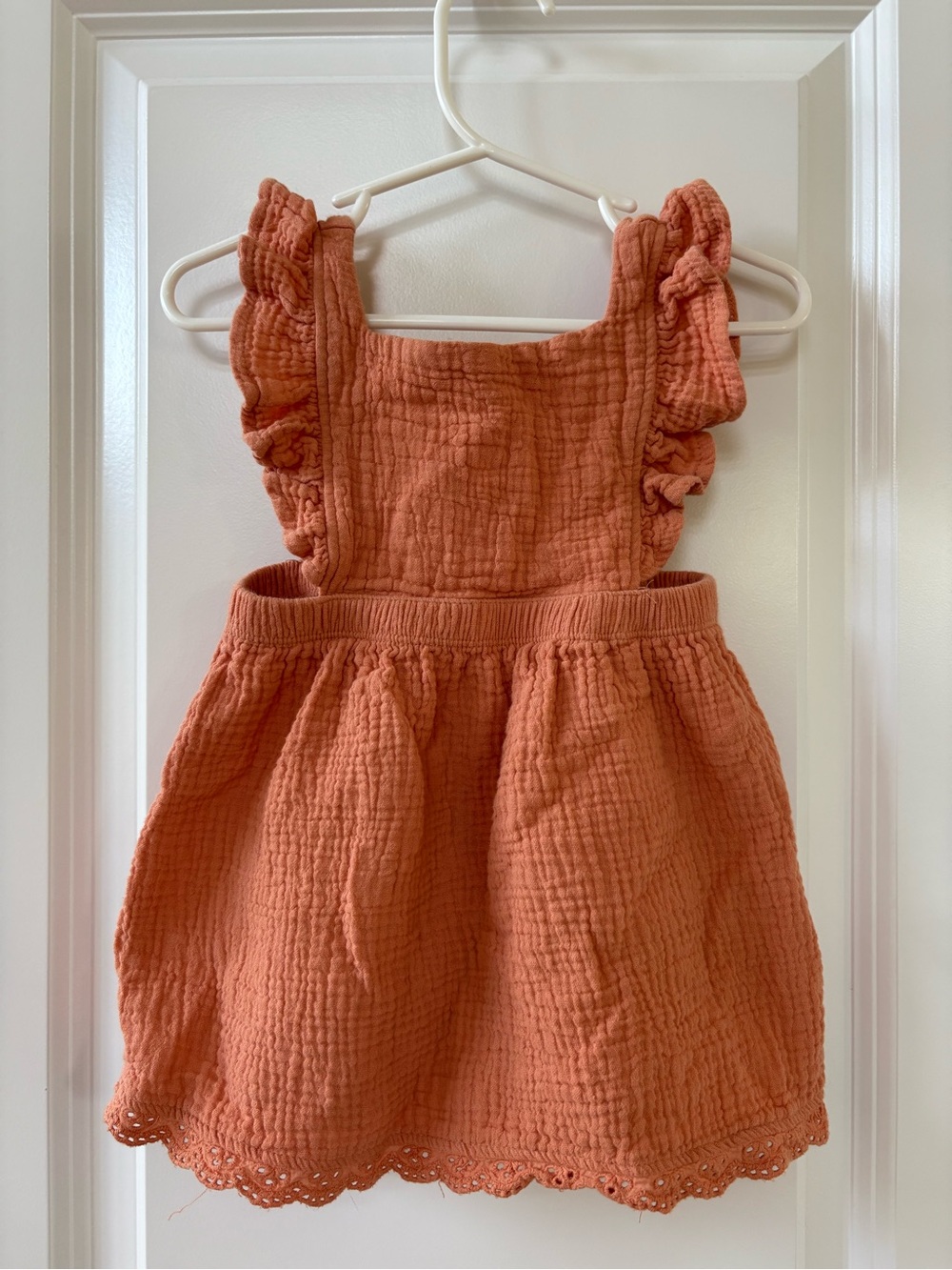 Rabbit + Bear Organic Kids Ruffled Strap Dress in Orange Terracotta 18 mo